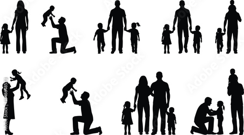 Family silhouettes collection showing parents and children bonding moments, love care parenting lifestyle scenes, happy family concept black vector illustration