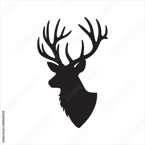 Detailed deer head turning to the right with fine fur and antler structure silhouette vector, Deer head logo silhouette vector art illustration