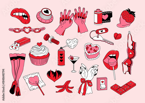 Vintage hand drawn set stickers of Valentine's Day and Love. Minimal design concept of romantic and sensuality elements. Doodle pack for daily planner, scrapbooking, print, card, holiday decoration