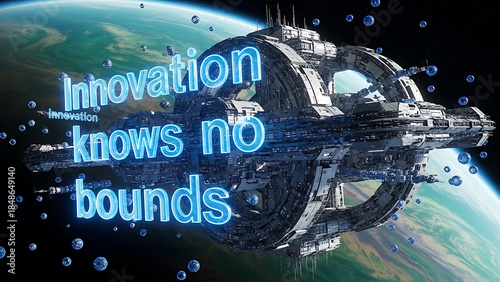 Fototapeta Naklejka Na Ścianę i Meble -  Futuristic space station orbiting Earth with the phrase 'Innovation knows no bounds'