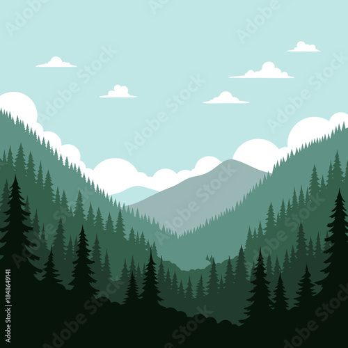 Serene mountain landscape with evergreen trees and fluffy clouds