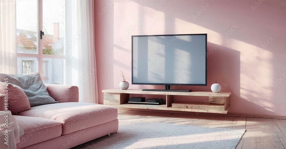 Fototapeta premium Cozy living room features pink sofa, tv stand, light wood floors. Sunlight streams through window creating warm ambiance.