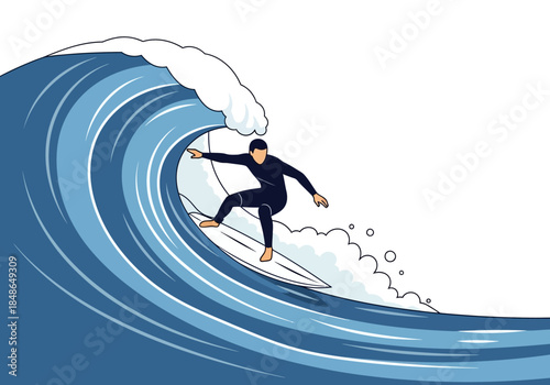 Surfer Riding a Blue Wave in Wetsuit.