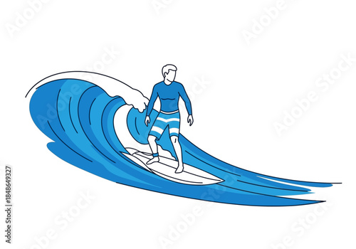 Surfer Riding a Blue Wave Illustration.