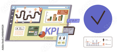 Business dashboard showcasing KPI metrics, analytics graphs, data visualizations, and financial stats. Ideal for performance tracking, goal-setting, success measurement, business growth, strategy