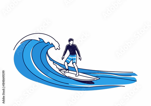 Surfer Riding a Blue Wave Illustration.