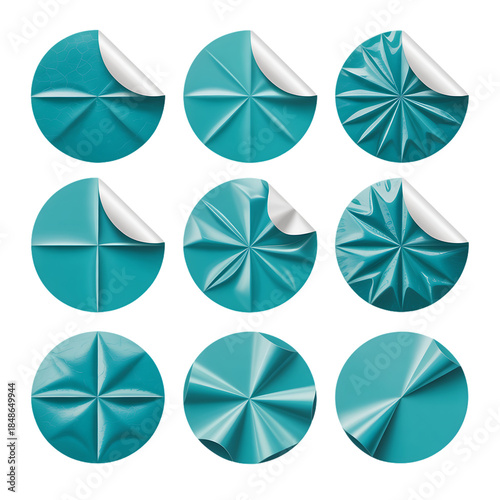 A set of eight circular stickers arranged in two rows of four showing different stages of peeling or unpeeling on transparent background