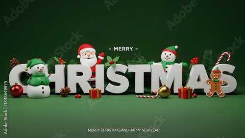 Merry christmas greeting with festive decorations like santa claus snowman gingerbread man and pine cones on green background