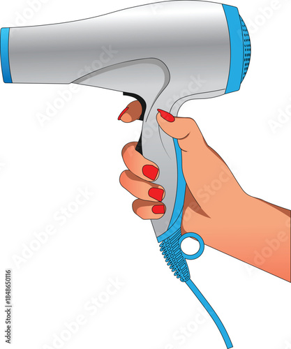 Female hand with polished red nails holding a hairdryer side view vector illustration. 