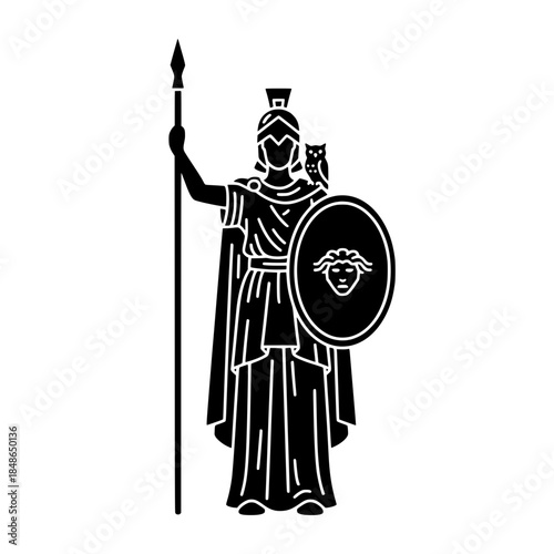 Goddess Athena Holding Spear and Aegis Shield