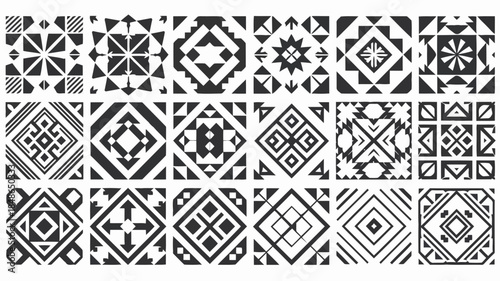 Collection of intricate black and white geometric patterns with symmetrical designs and various shapes