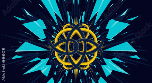 An abstract design features a complex golden knot, surrounded by sharp cyan shards against a dark background, symbolizing intricate connections and modern art.