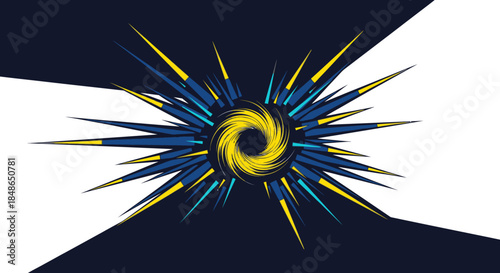 A dynamic abstract graphic design featuring a vibrant yellow spiral core, radiating sharp blue and gold spikes against a modern split dark and white background, conveying explosive energy and