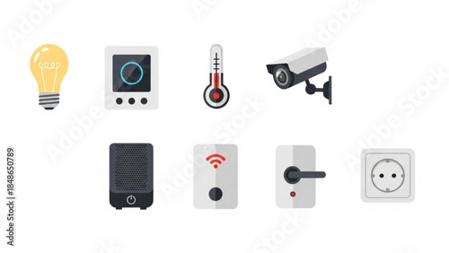 Collection of smart home icons including light bulb thermostat thermometer security camera speaker Wi-Fi router door lock and electrical outlet flat vector design for technology and automation concept