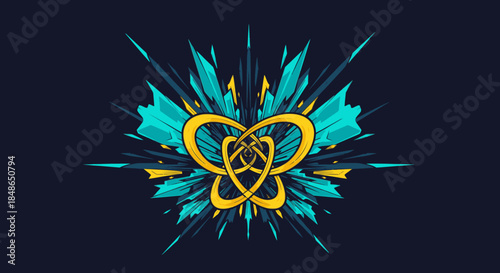 A captivating abstract design featuring a golden interwoven knot symbol, radiating energy amidst sharp blue and teal crystalline shards, set against a dark backdrop.
