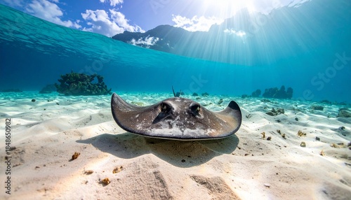 A stingray on a sandy seafloor in a splitview image Above a blue sky with clouds and mountains below clear turquoise water