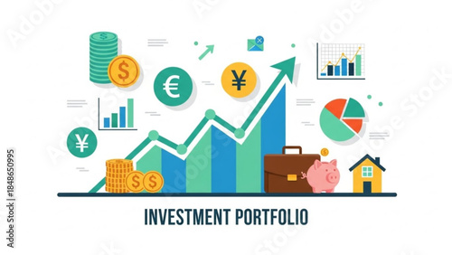 Investment portfolio growth concept financial charts and currency symbols business success and savings illustration flat design vector