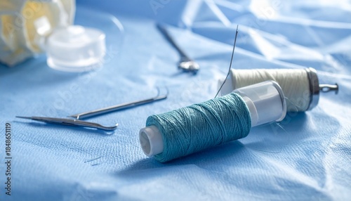 Two spools of surgical thread one teal and one white are on a light blue drape with stainless steel surgical instruments