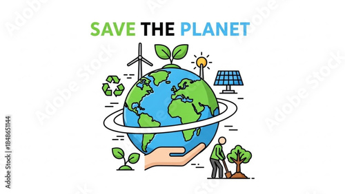 Save the Planet Eco-Friendly Illustration: An illustrated representation of the Earth encircled by eco-friendly symbols, embodying the concept of environmental preservation and sustainable living.