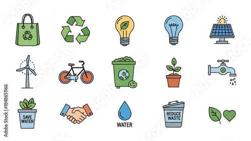 Sustainable Icons: A vibrant collection of ecological icons, each embodying vital aspects of environmental conservation, sustainable living, and earth-friendly practices.