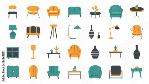 Colorful modern furniture set including chairs, tables, and decorative items in a minimalist style