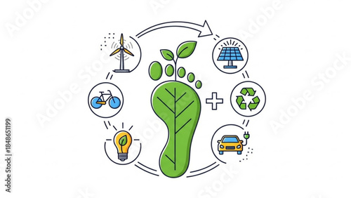 Eco-Footprint: Illustrated around the symbol of green footprint which symbolize of concept of reducing environmental impact to saving the Earth