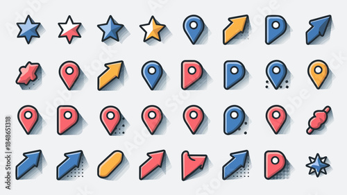 Colorful location pin icons in various shapes and designs, including stars, lightning bolts, and arrows, on a