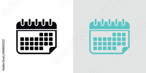 Calendar Icon Duo Black Silhouette & Blue Aqua Flat Design, Transparent Background