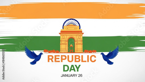 India Gate and Republic Day: A vibrant digital illustration of India Gate, symbolizes India's Republic Day on January 26th, rendered in the national flag colors, celebrating unity and heritage. 