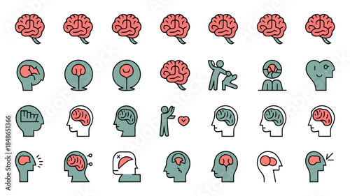 Illustration of various brainrelated concepts and mental health symbols in a colorful and stylized manner