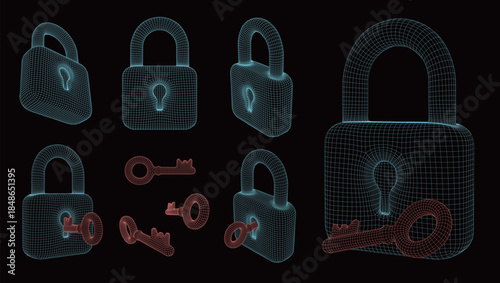 3D wireframe padlock and key set. Neon blue glowing grid structure on black background. Cyber security, digital encryption, data protection, and futuristic technology concept. Blockchain safety