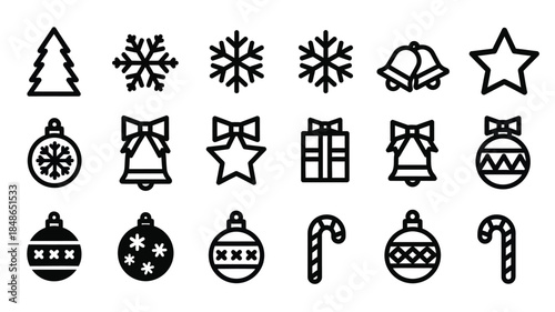Festive winter icons including snowflakes trees and bells a silhouette