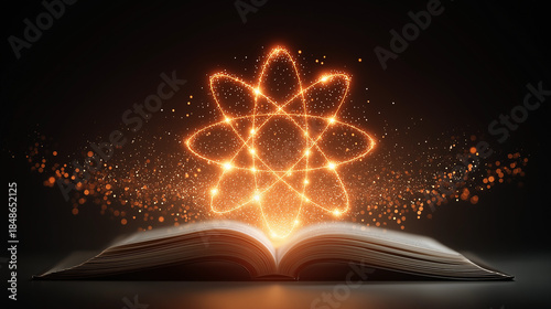 Knowledge Unveiled: An open book beams with a glowing atom illustration above, symbolizing the power of learning and scientific discovery, emanating a vibrant aura of illumination.