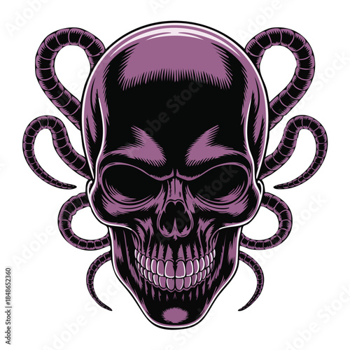 Purple Skull with Twisting Tentacles Illustration.