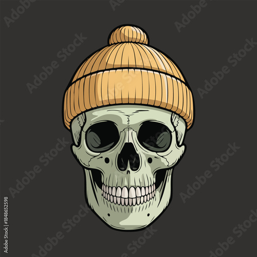 Skull Wearing Orange Beanie Portrait Illustration.