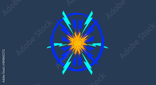 A vibrant abstract illustration showcases a central glowing sun surrounded by dynamic blue lightning bolts and a circular energy field, symbolizing power and innovation.