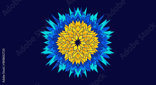 A vibrant abstract geometric burst of yellow and blue shapes radiates outward, creating a dynamic and modern design against a deep navy background.