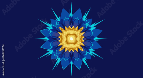 A captivating symmetrical abstract design with a radiant golden core, encircled by intricate blue and cyan geometric patterns, creating a dynamic modern digital art.