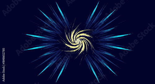 A dynamic abstract design features a glowing golden spiral vortex at its core, radiating sharp, energetic blue and turquoise light rays against a deep blue background, creating a modern effect.