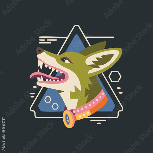 Stylized wolf head with collar illustration.