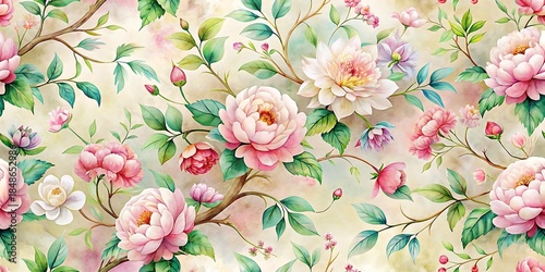 Flowery background with pink flowers and green leaves