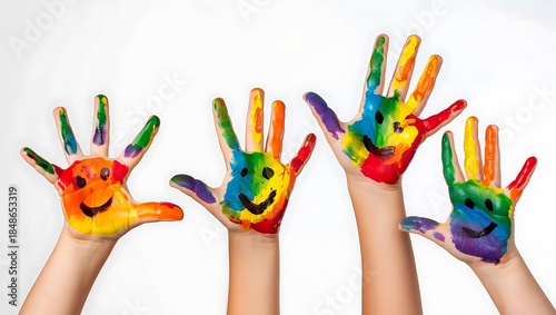 Four colorful painted hands with smiley faces on white background