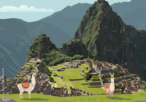 Machu Picchu Illustration with Llamas in Peru.