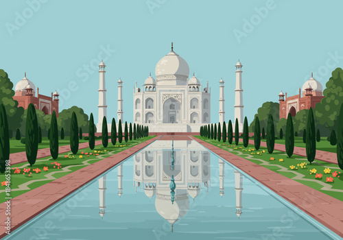 Taj Mahal Illustration with Reflection in Water.