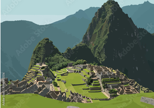 Machu Picchu Ancient City Ruins in Peru South America Vector Illustration.