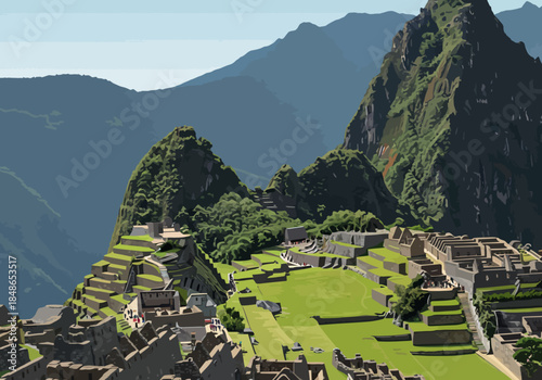 Machu Picchu Ancient City Illustration with Mountain Backdrop.