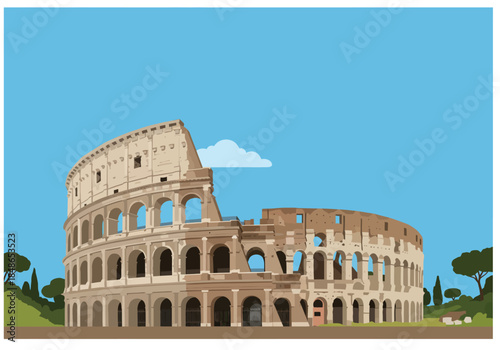 Illustrated Colosseum in Rome Italy with Arches and Ancient Architecture.