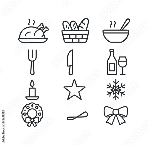 Holiday Tradition Icons. Family gatherings celebrating warm holiday traditions. Filled icon set of family