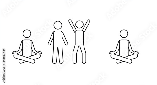 Set of minimalist line art stick figure icons showing people in yoga meditation poses and active standing positions for wellness and mindfulness