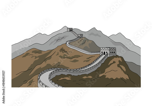Great Wall of China Illustration with Mountains and Watchtowers.